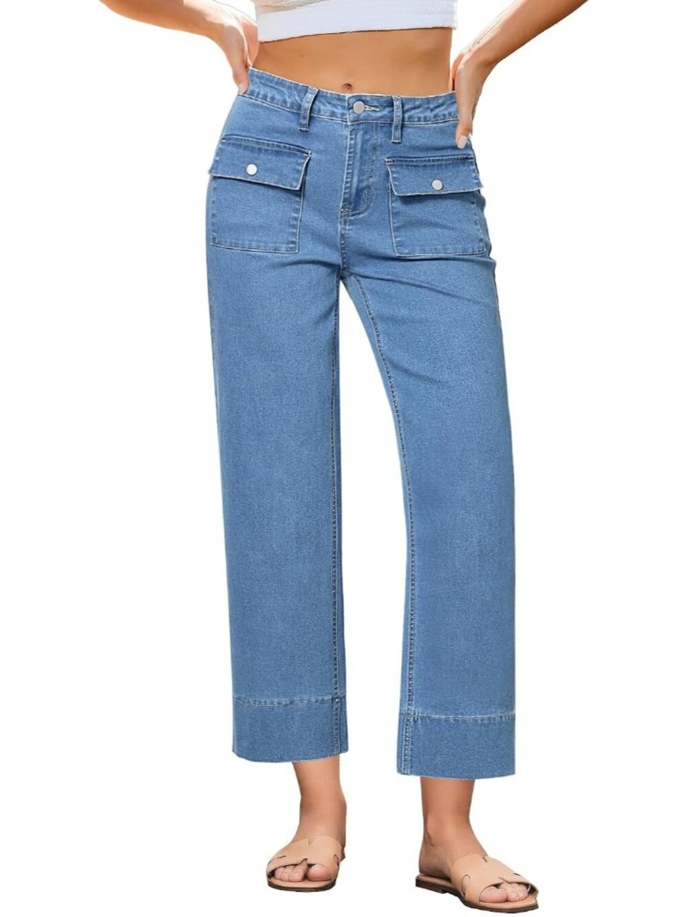 Women's Seaside Blue High Waisted Straight Leg Cropped Stretchy Denim Pants
